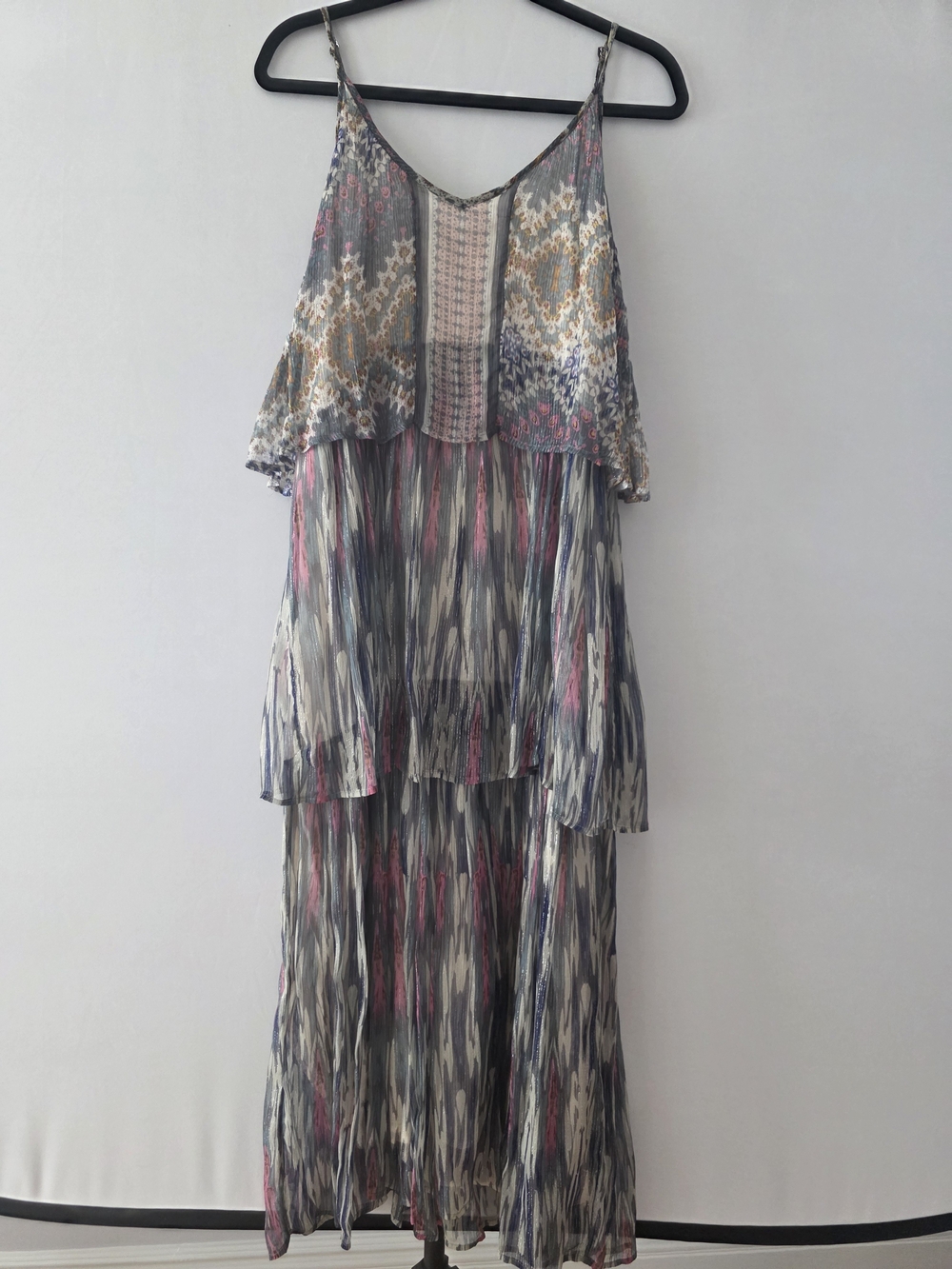 Anthropologie Layered Boho Maxi Dress in Gray, Pink & Blue